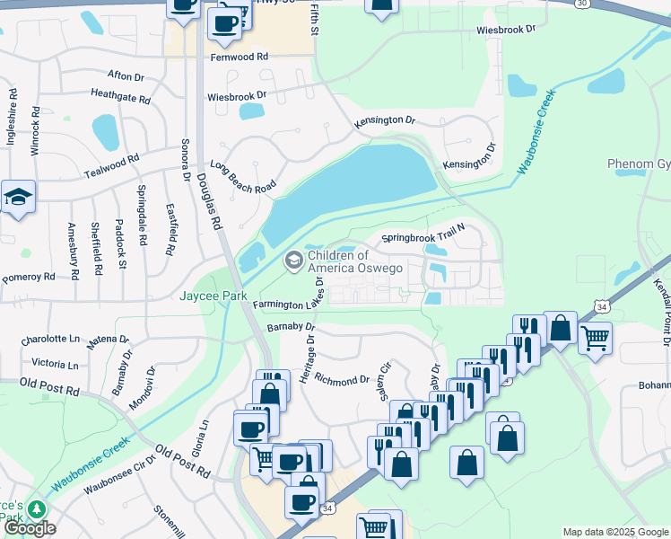 map of restaurants, bars, coffee shops, grocery stores, and more near 2023 Farmington Lakes Drive in Oswego
