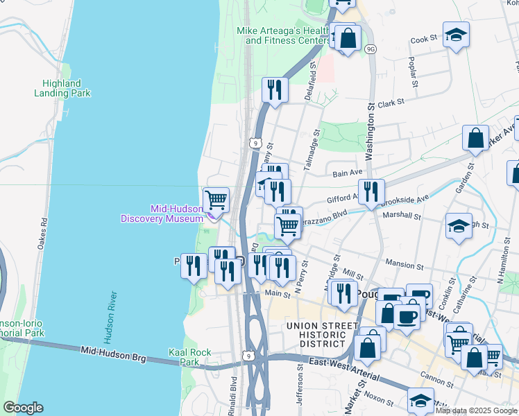 map of restaurants, bars, coffee shops, grocery stores, and more near 109 Mill Street in Poughkeepsie