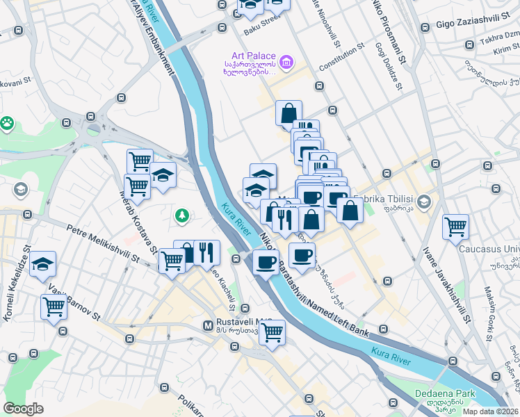 map of restaurants, bars, coffee shops, grocery stores, and more near 17 Ushangi Chkheidze Street in Tbilisi