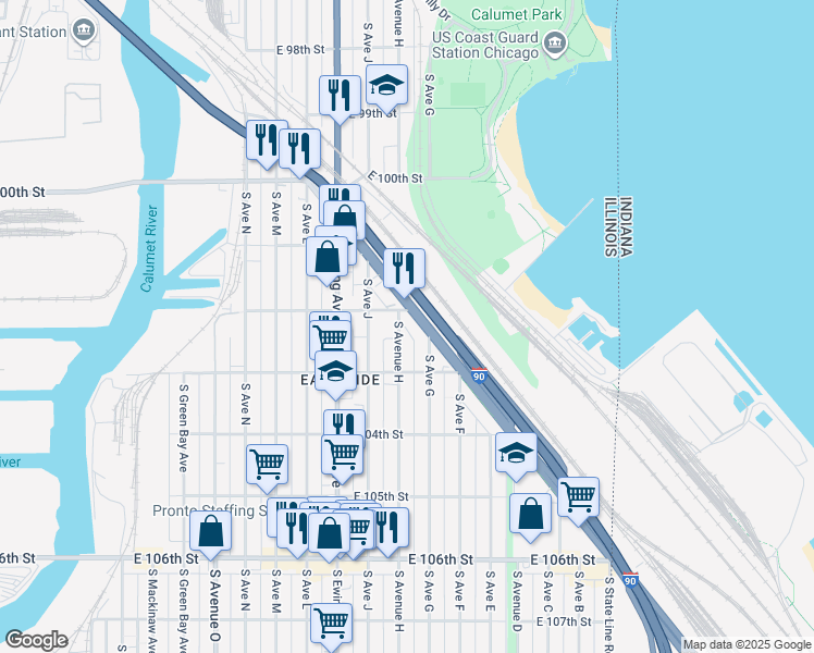 map of restaurants, bars, coffee shops, grocery stores, and more near 10237 South Avenue H in Chicago