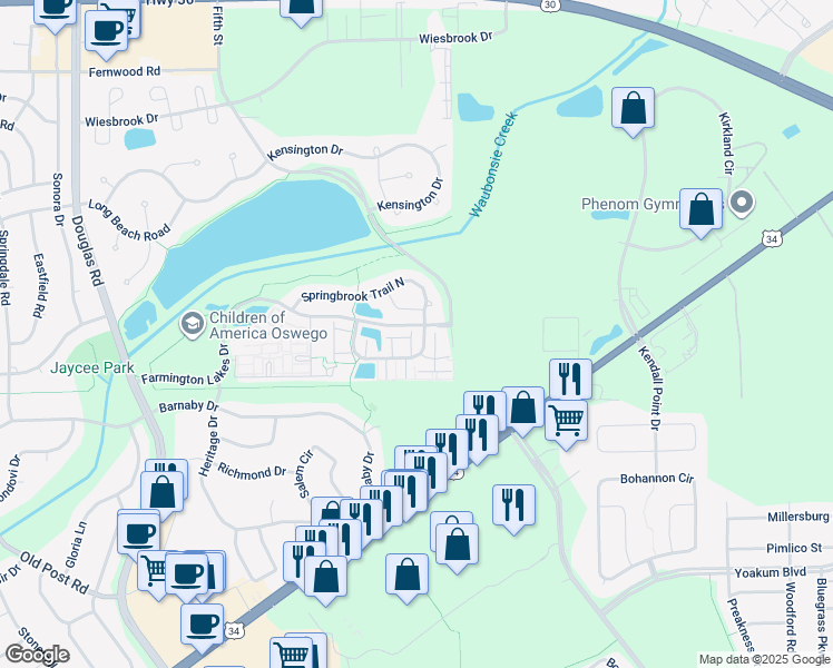 map of restaurants, bars, coffee shops, grocery stores, and more near 266 Springbrook Trail South in Oswego