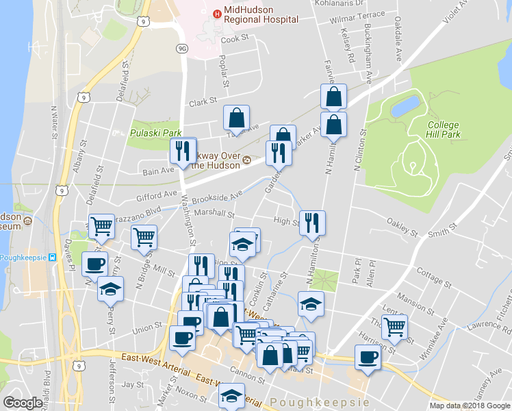map of restaurants, bars, coffee shops, grocery stores, and more near 124 Garden Street in Poughkeepsie