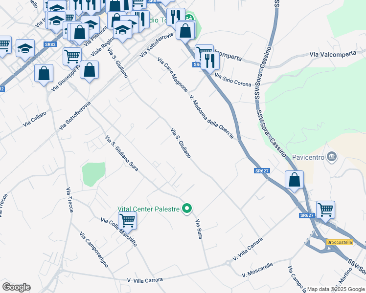 map of restaurants, bars, coffee shops, grocery stores, and more near snc Via San Giuliano in Provincia di Frosinone