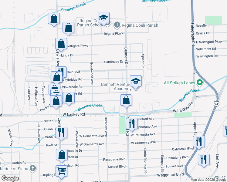 map of restaurants, bars, coffee shops, grocery stores, and more near 548 Southover Road in Toledo