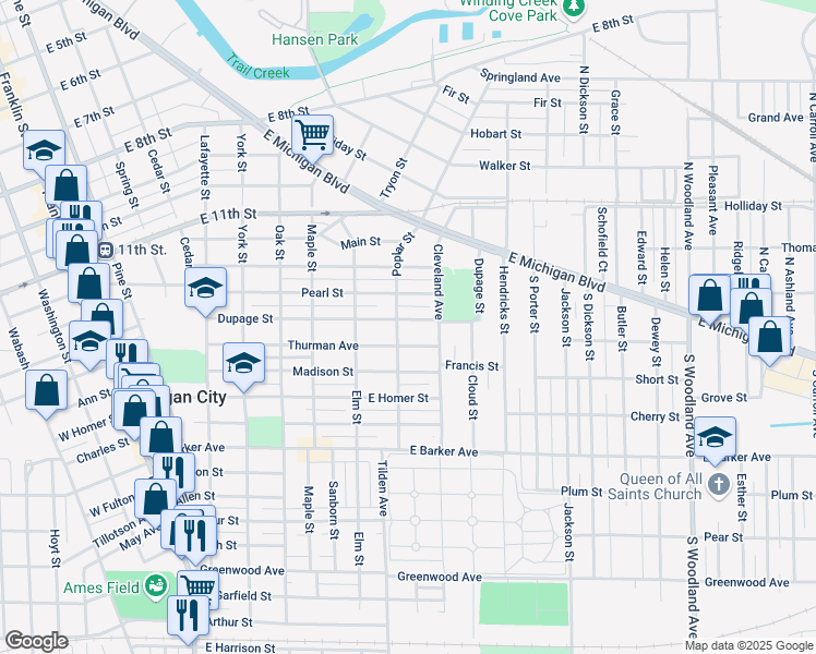 map of restaurants, bars, coffee shops, grocery stores, and more near 715 Thurman Ave in Michigan City