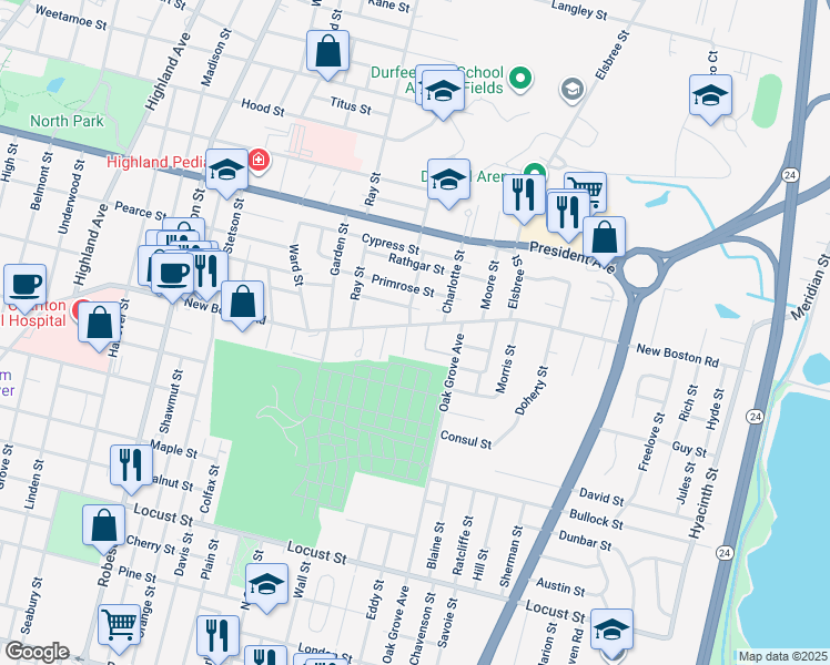 map of restaurants, bars, coffee shops, grocery stores, and more near 9 Acacia Street in Fall River