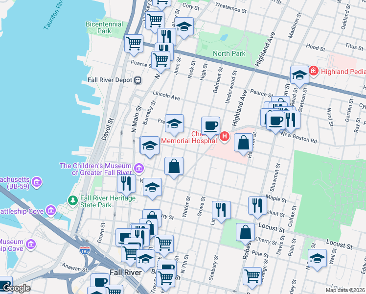 map of restaurants, bars, coffee shops, grocery stores, and more near 283 Prospect Street in Fall River