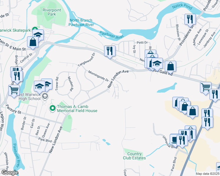 map of restaurants, bars, coffee shops, grocery stores, and more near 325 New London Avenue in Warwick