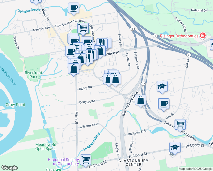 map of restaurants, bars, coffee shops, grocery stores, and more near 364 New London Turnpike in Glastonbury