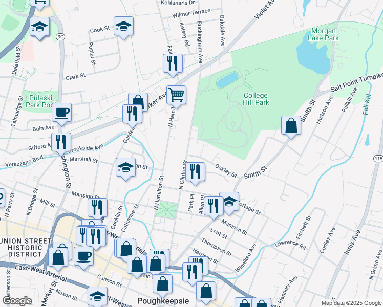 map of restaurants, bars, coffee shops, grocery stores, and more near 115 North Clinton Street in Poughkeepsie
