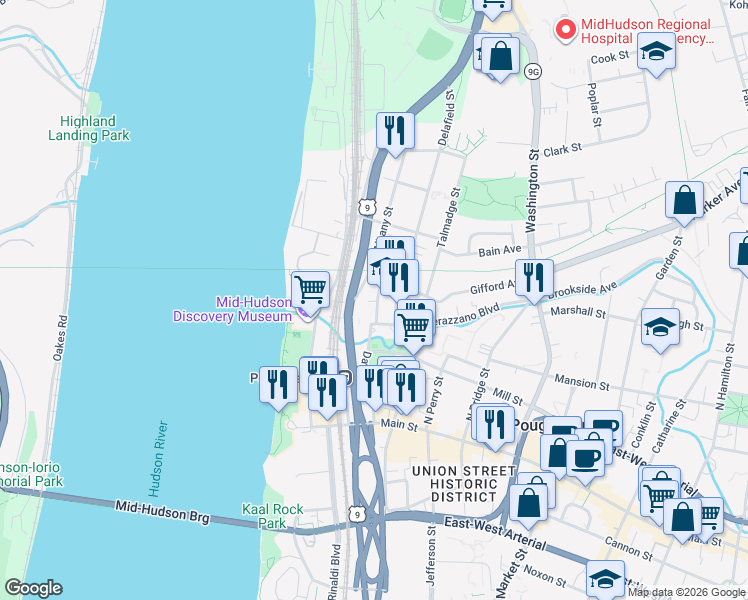 map of restaurants, bars, coffee shops, grocery stores, and more near 109 Mill Street in Poughkeepsie