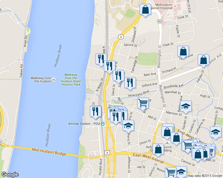map of restaurants, bars, coffee shops, grocery stores, and more near 109 Mill Street in Poughkeepsie