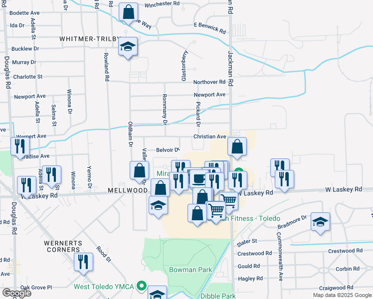 map of restaurants, bars, coffee shops, grocery stores, and more near 1897 Belvoir Dr in Toledo
