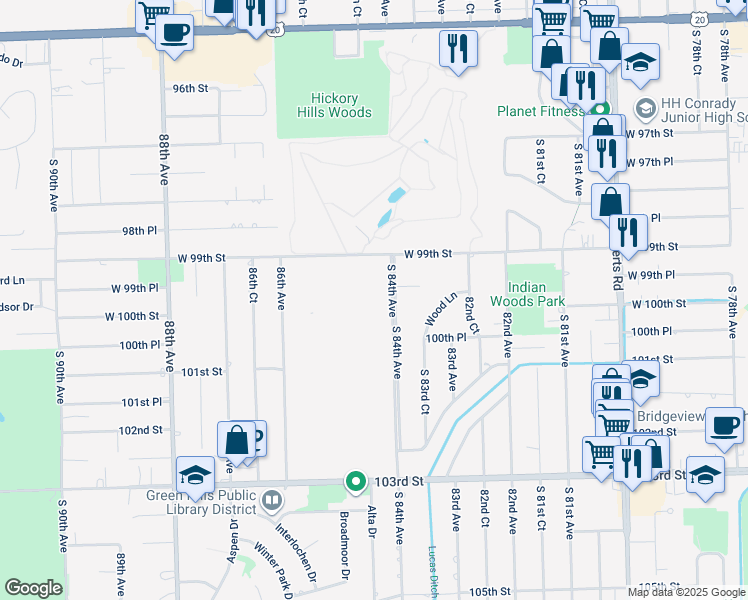 map of restaurants, bars, coffee shops, grocery stores, and more near 9994 South 84th Terrace in Palos Hills