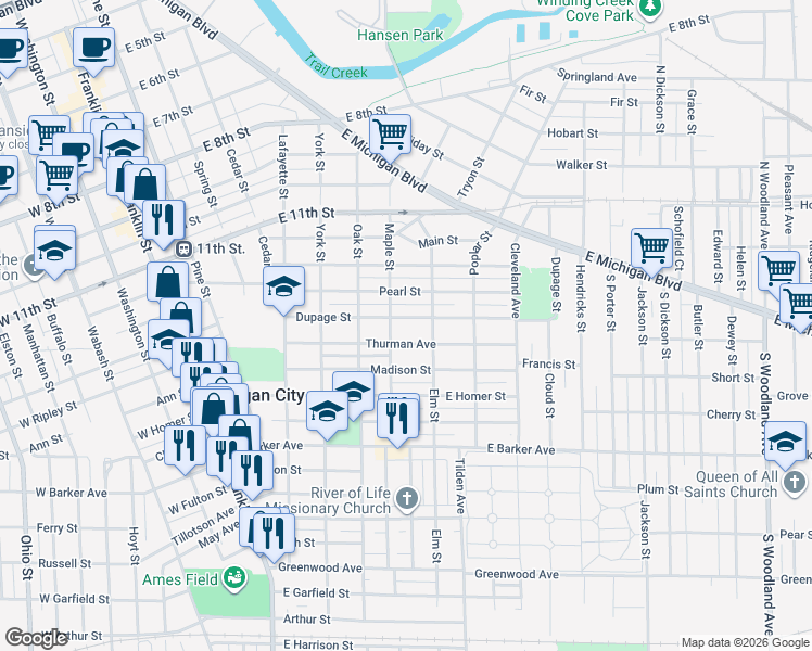 map of restaurants, bars, coffee shops, grocery stores, and more near 511 Thurman Avenue in Michigan City