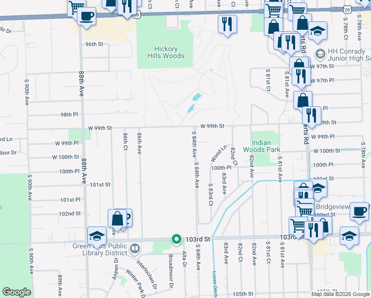 map of restaurants, bars, coffee shops, grocery stores, and more near 9994 South 84th Terrace in Palos Hills