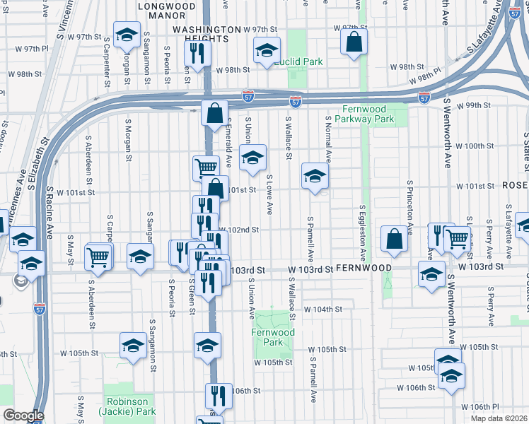 map of restaurants, bars, coffee shops, grocery stores, and more near 10157 South Lowe Avenue in Chicago