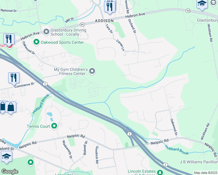 map of restaurants, bars, coffee shops, grocery stores, and more near 341 Oakwood Drive in Glastonbury
