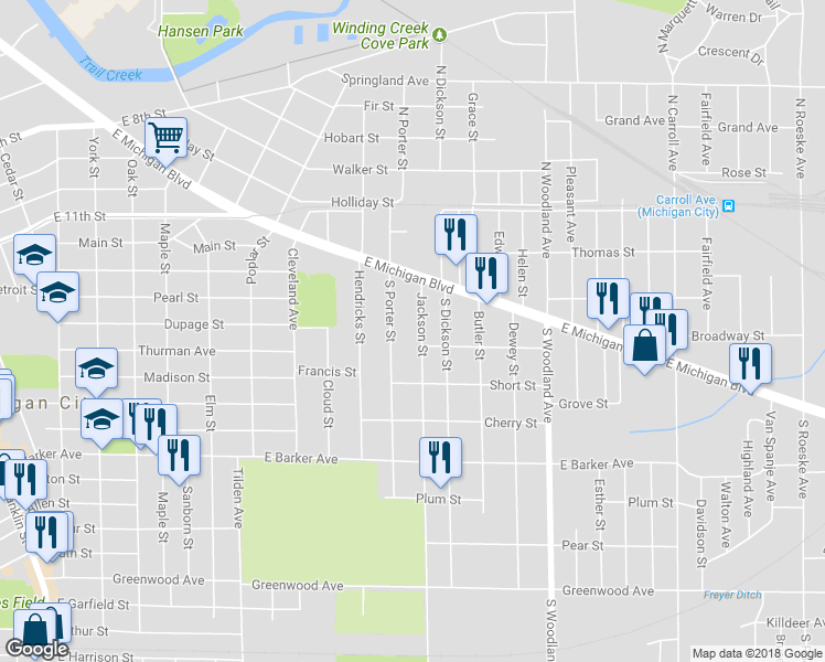 map of restaurants, bars, coffee shops, grocery stores, and more near 141 Jackson Street in Michigan City