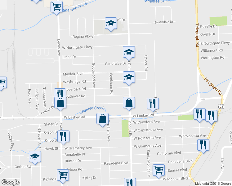 map of restaurants, bars, coffee shops, grocery stores, and more near 548 Southover Road in Toledo