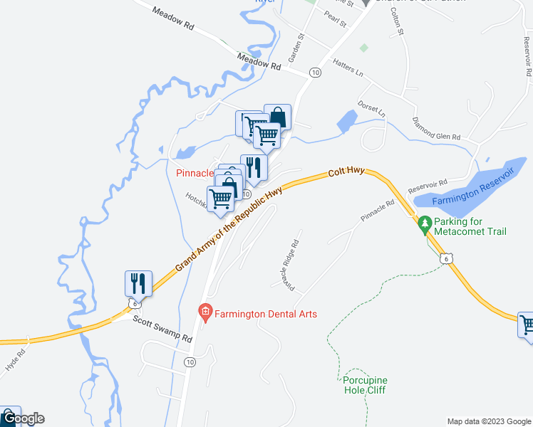 map of restaurants, bars, coffee shops, grocery stores, and more near 277 Main Street in Farmington
