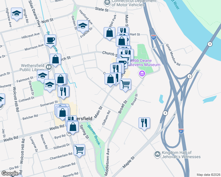 map of restaurants, bars, coffee shops, grocery stores, and more near 125 Main Street in Wethersfield