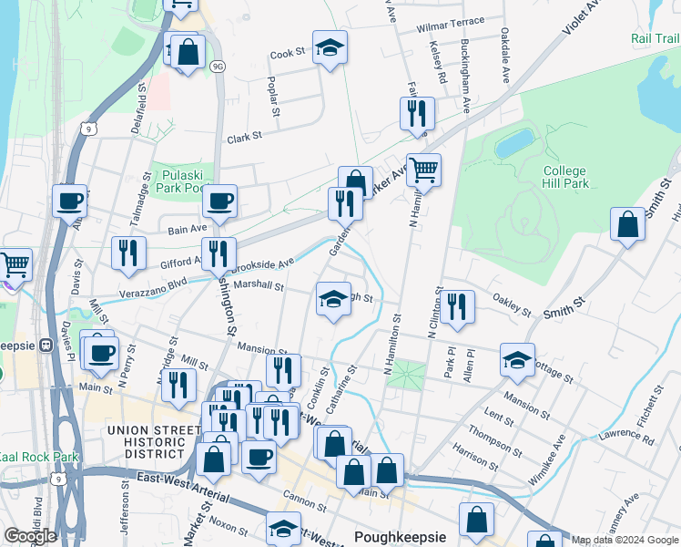 map of restaurants, bars, coffee shops, grocery stores, and more near 6 Zimmer Avenue in Poughkeepsie