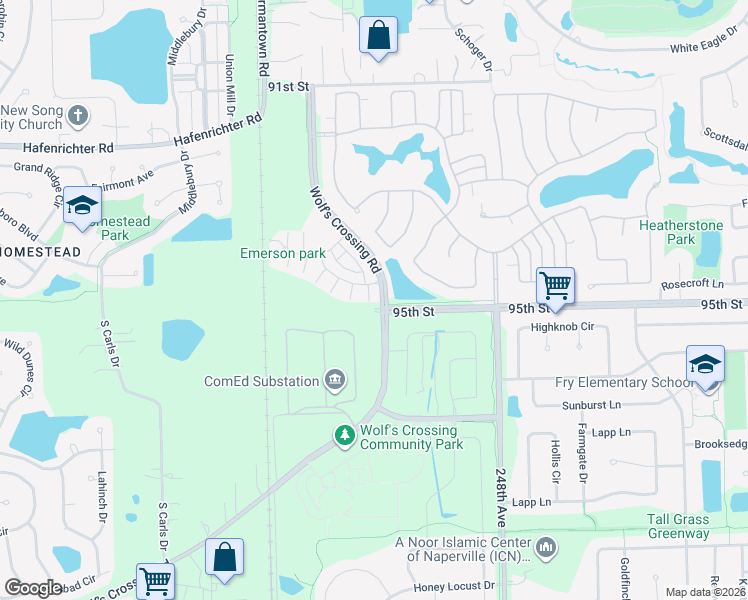 map of restaurants, bars, coffee shops, grocery stores, and more near 2997 Madison Drive in Naperville