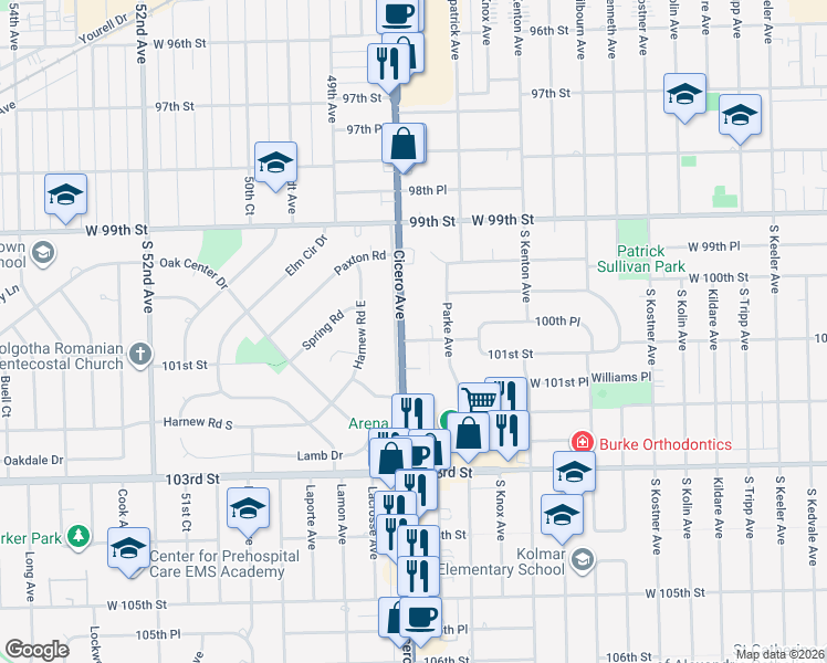 map of restaurants, bars, coffee shops, grocery stores, and more near 4743 101st Street in Oak Lawn