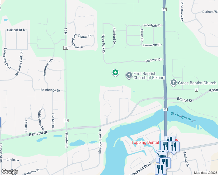 map of restaurants, bars, coffee shops, grocery stores, and more near 54062 Stonebridge Drive in Elkhart