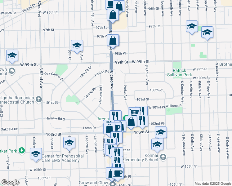 map of restaurants, bars, coffee shops, grocery stores, and more near 4754 West 101st Street in Oak Lawn