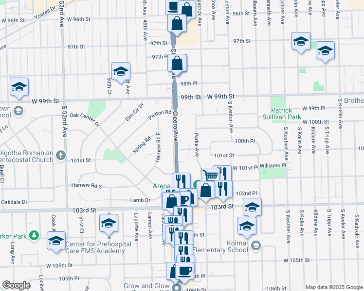 map of restaurants, bars, coffee shops, grocery stores, and more near 4743 101st Street in Oak Lawn