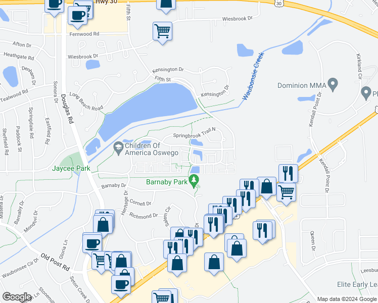 map of restaurants, bars, coffee shops, grocery stores, and more near 243 Springbrook Trail South in Oswego