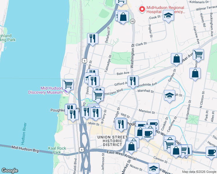 map of restaurants, bars, coffee shops, grocery stores, and more near 27 Verazzano Boulevard in Poughkeepsie