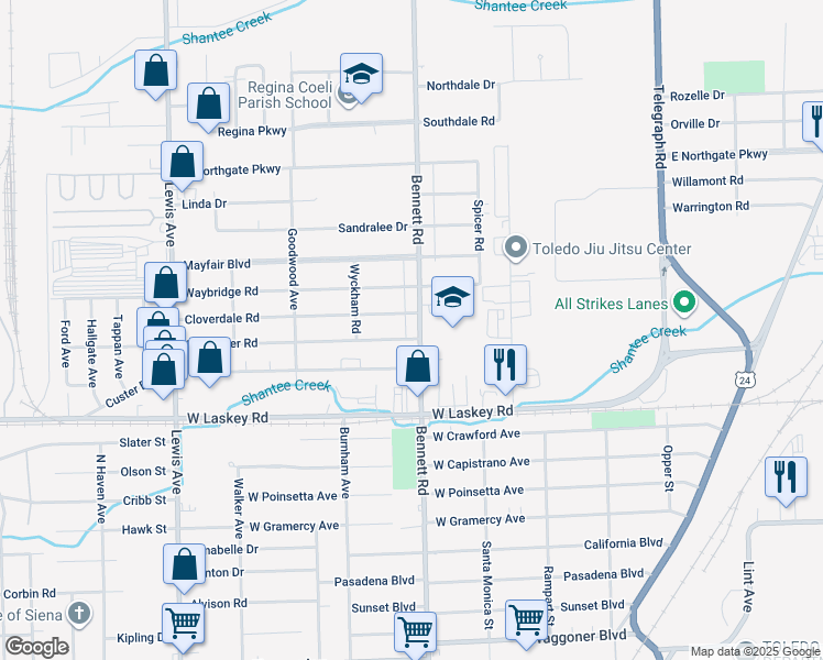 map of restaurants, bars, coffee shops, grocery stores, and more near 524 Custer Drive in Toledo