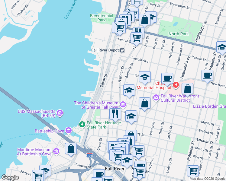 map of restaurants, bars, coffee shops, grocery stores, and more near 481 Durfee Street in Fall River