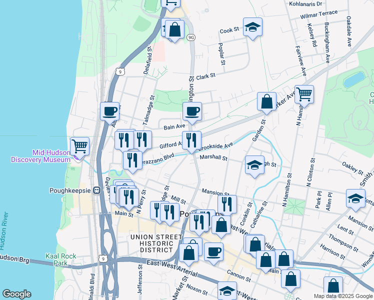 map of restaurants, bars, coffee shops, grocery stores, and more near 95 North Bridge Street in Poughkeepsie