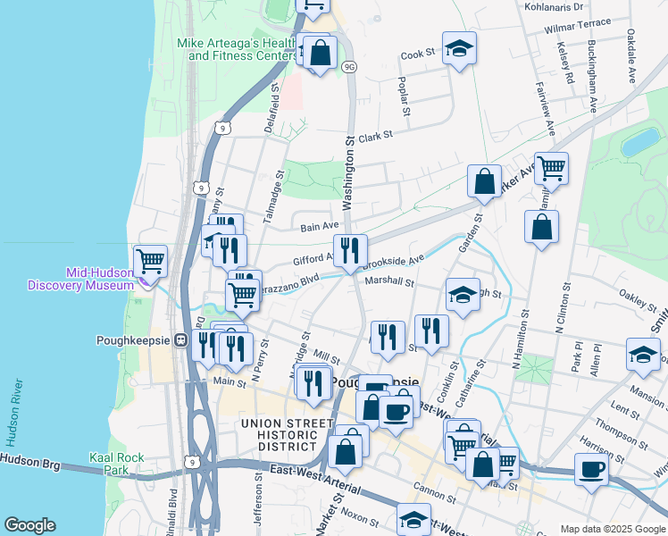 map of restaurants, bars, coffee shops, grocery stores, and more near 95 North Bridge Street in Poughkeepsie