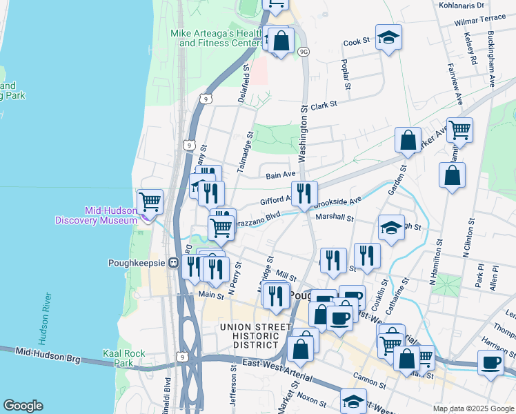 map of restaurants, bars, coffee shops, grocery stores, and more near 49 Verazzano Boulevard in Poughkeepsie