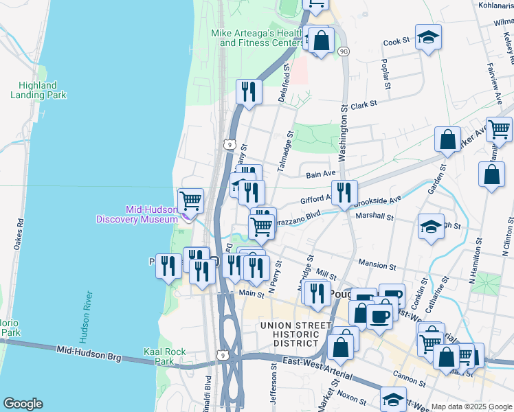 map of restaurants, bars, coffee shops, grocery stores, and more near 1 Verazzano Boulevard in Poughkeepsie