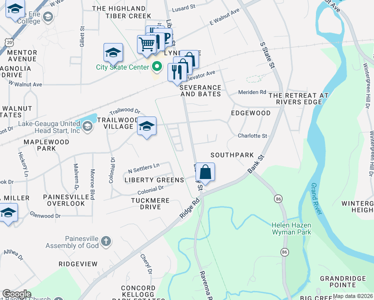 map of restaurants, bars, coffee shops, grocery stores, and more near 768 Painesville Ravenna Road in Painesville