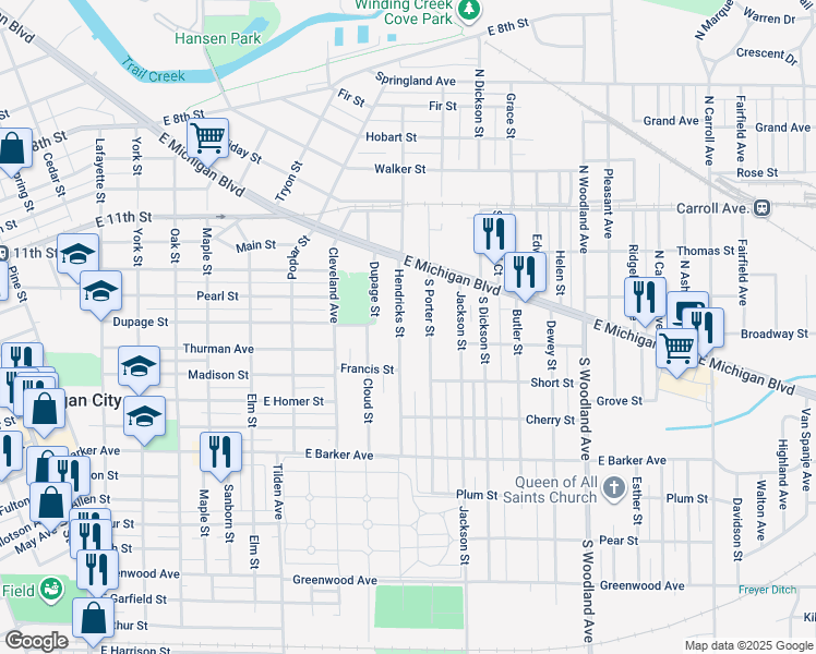 map of restaurants, bars, coffee shops, grocery stores, and more near 236 Hendricks Street in Michigan City