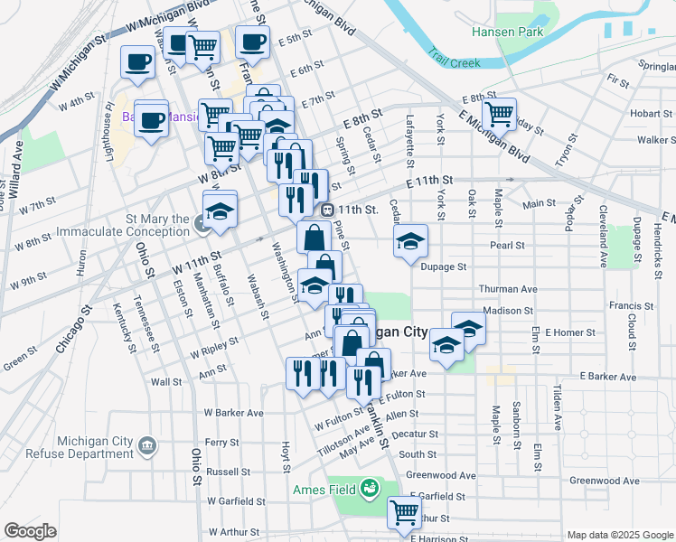 map of restaurants, bars, coffee shops, grocery stores, and more near 112 East Ripley Street in Michigan City