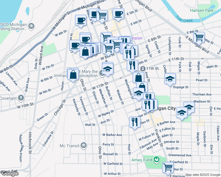 map of restaurants, bars, coffee shops, grocery stores, and more near 1219 Buffalo Street in Michigan City