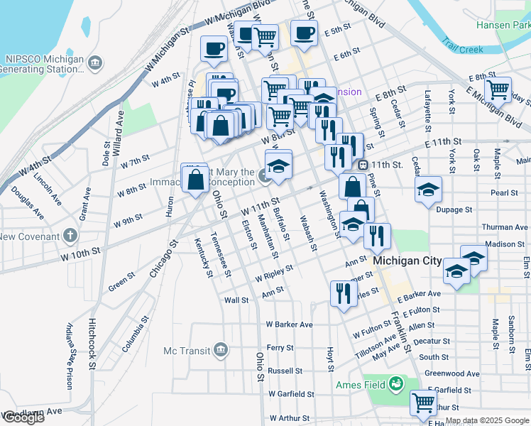 map of restaurants, bars, coffee shops, grocery stores, and more near 1201 1/2 Manhattan Street in Michigan City