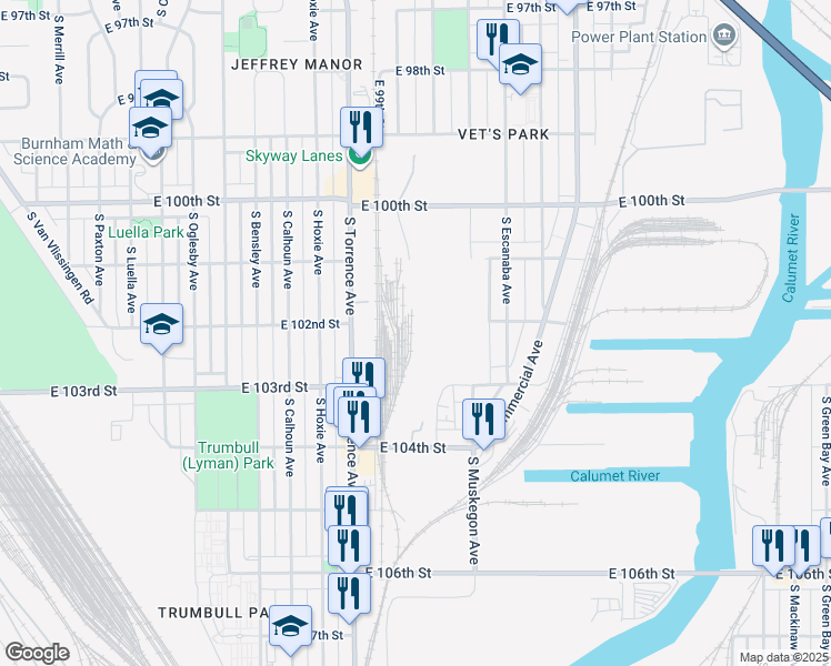 map of restaurants, bars, coffee shops, grocery stores, and more near 2729 East 103rd Street in Chicago