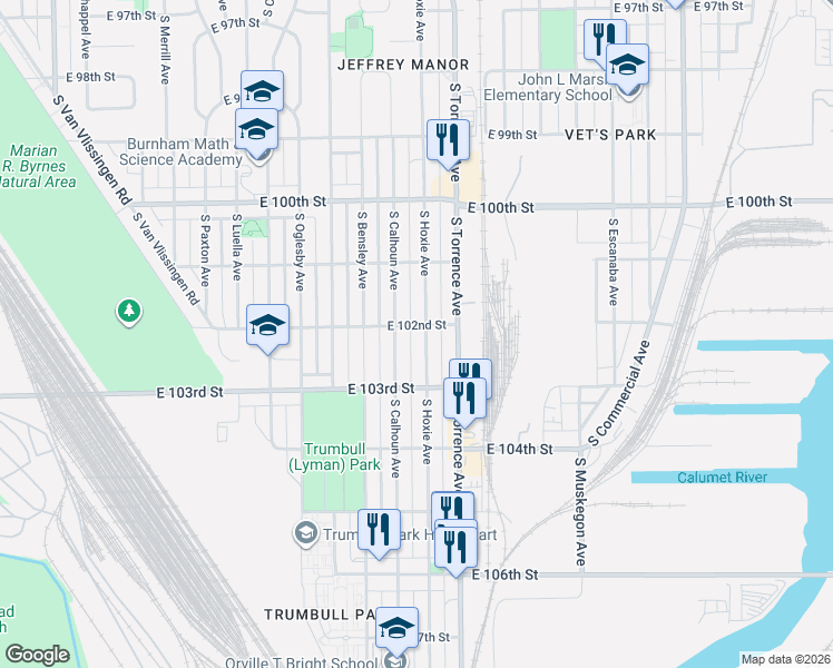 map of restaurants, bars, coffee shops, grocery stores, and more near 10228 South Hoxie Avenue in Chicago
