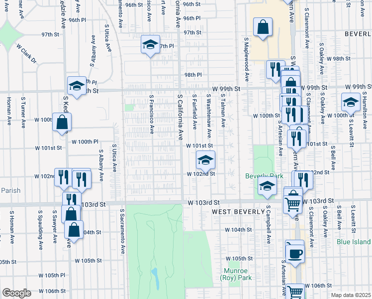 map of restaurants, bars, coffee shops, grocery stores, and more near 10131 South California Avenue in Chicago