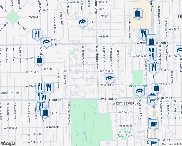 map of restaurants, bars, coffee shops, grocery stores, and more near 2834 West 101st Place in Evergreen Park