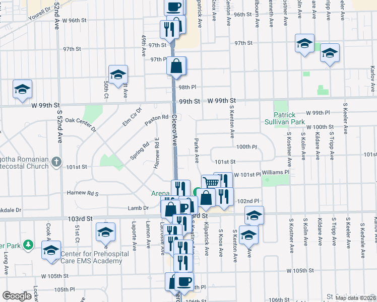 map of restaurants, bars, coffee shops, grocery stores, and more near 4743 101st Street in Oak Lawn